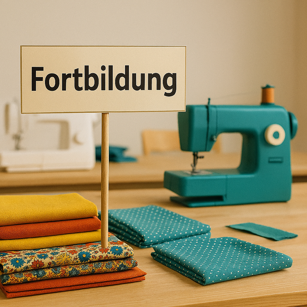 Ein leerer Nähtreff mit bunten Stoffen und Nähmaschinen; im Vordergrund steht ein Schild mit der Aufschrift „Fortbildung“.