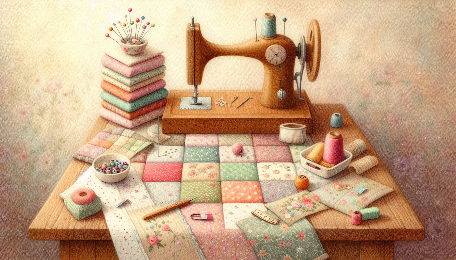 Nähmaschine auf einem Holztisch mit bunten Stoffstücken, Garnrollen, Stecknadeln und Nähutensilien – Symbol für gemeinsames kreatives Nähen beim Nähtreff Bawinkel