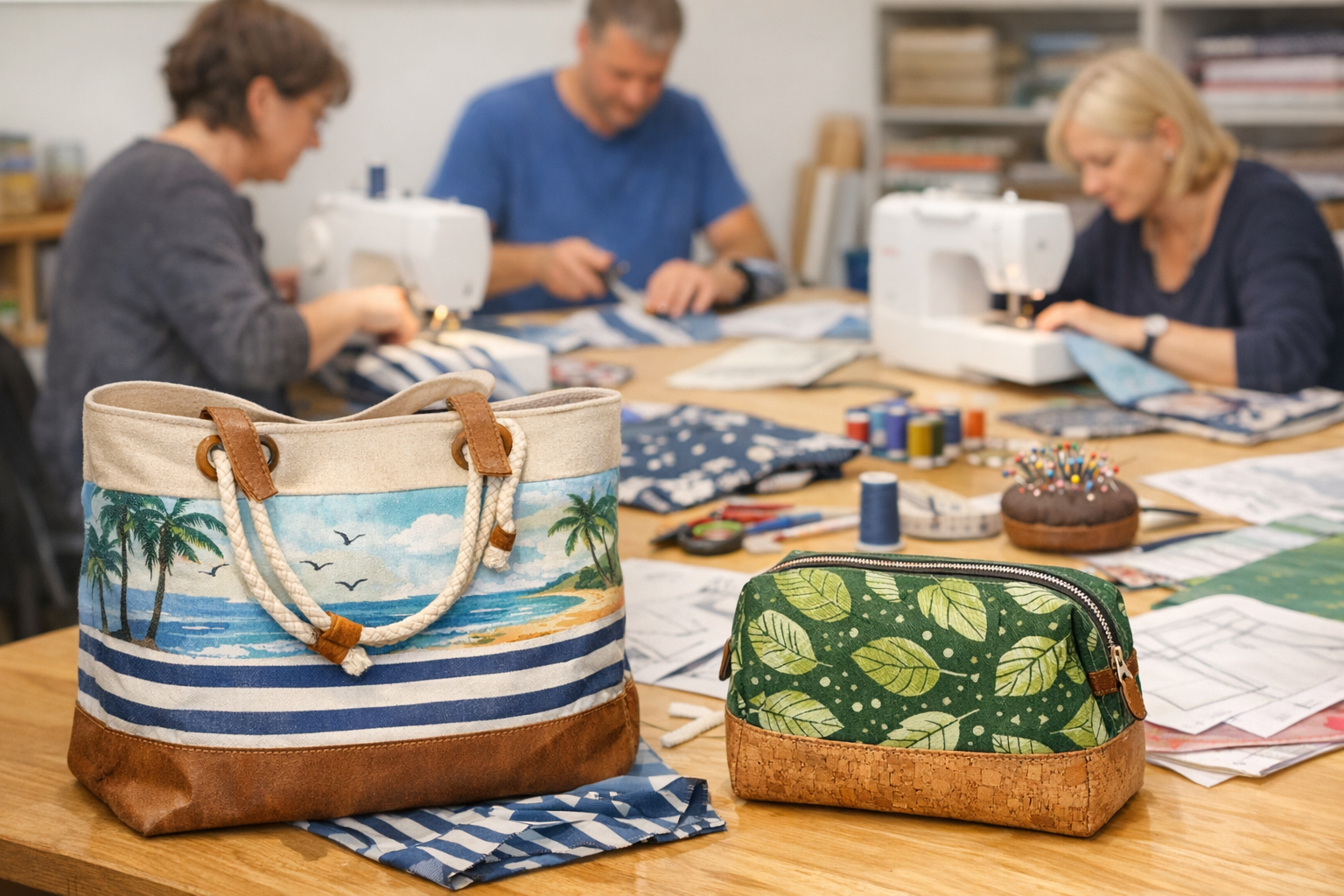 Strandtasche mit Palmen-Motiv und maritime Streifen sowie eine grüne Kulturtasche mit Korkboden stehen im Vordergrund auf einem Holztisch. Im Hintergrund arbeiten zwei Frauen und ein Mann konzentriert an Nähmaschinen in einem hellen Nähraum.
